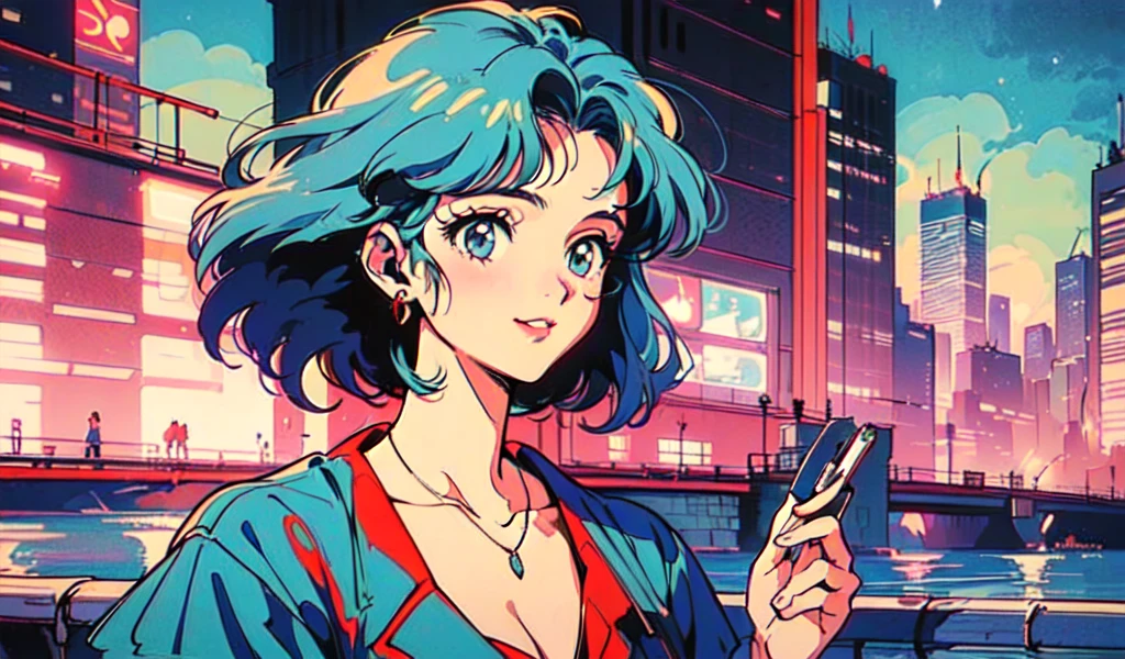 (80's, retro, city pop:1.5), (album cover), (masterpiece, best quality), (anime, illustration), (pastel colors:1.4),
best photo pose, dynamic angle,
blue hair,and has a cool impression,
girl, solo, smile, perfect detail eyes, delicate face,
City Scenes, night city, tokyo, high fashion, tying hair, sea, swimwear,