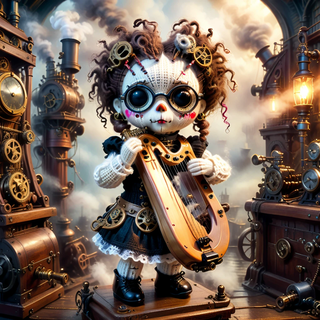 (voodoo doll playing knitted harp:1.2), (Voodoo Steampunk:1.3), (badass clothing: leather corset, aviator glasses, Gears and mechanical parts:1.0), (in the background steam engines, airships and Victorian buildings:1.2), best qualityer, work of art, detailed soft oil painting, detailed back ground, dramatic cinematic lighting, soft edge lighting, proffesional, dramatic lighting, hard edge lighting, ultra quality, 4K, work of art, best qualityer, 8K, ultra high definition, high resolution, extremely detaild, perfect details of the harp.