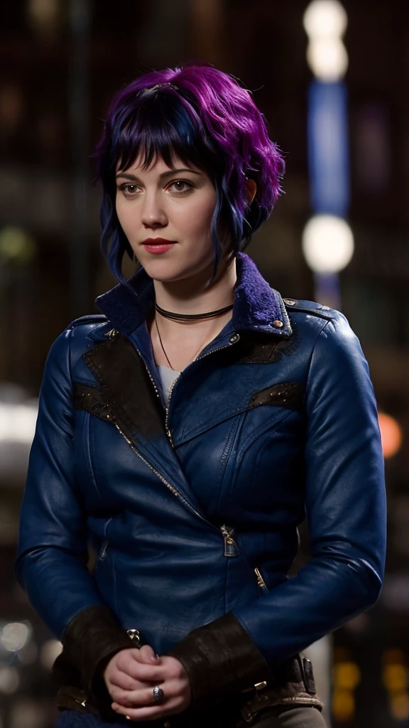 a picture of (ohwx woman:1.1), blue short bob hair,realistic, photorealistic, detailed skin, surface scattering, bokeh, skin pores,  city streets,wearing a jacket,outdoors, looking at viewer,detailed face,subtle smile, Ramona flowers  hair