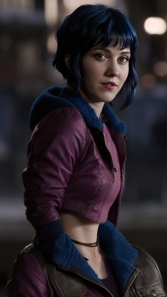 a picture of (ohwx woman:1.1), blue short bob hair,realistic, photorealistic, detailed skin, surface scattering, bokeh, skin pores,  city streets,wearing a jacket,outdoors, looking at viewer,detailed face,subtle smile, Ramona flowers  hair