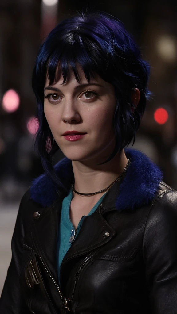 a picture of (ohwx woman:1.1), blue short bob hair,realistic, photorealistic, detailed skin, surface scattering, bokeh, skin pores,  city streets,wearing a jacket,outdoors, looking at viewer,detailed face,subtle smile, Ramona flowers  hair