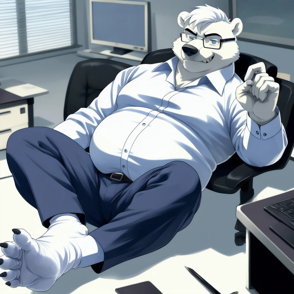 chubby polar bear dad male office suit white shirt slighly well built , blue eyes glasses, head crest white hair, levitating relaxing spread legs, five finger feet with white ankle sock, disney profile, full body evil smug , kemono , detailed eyes , high quality