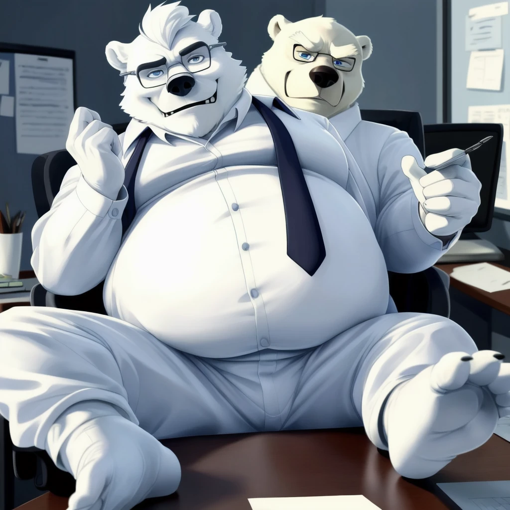 chubby polar bear dad male office suit  white shirt slighly  well built , blue eyes glasses, head crest white hair, levitating relaxing  spread legs, five finger feet with white ankle sock, disney profile, full body evil smug , kemono , detailed eyes , high quality 