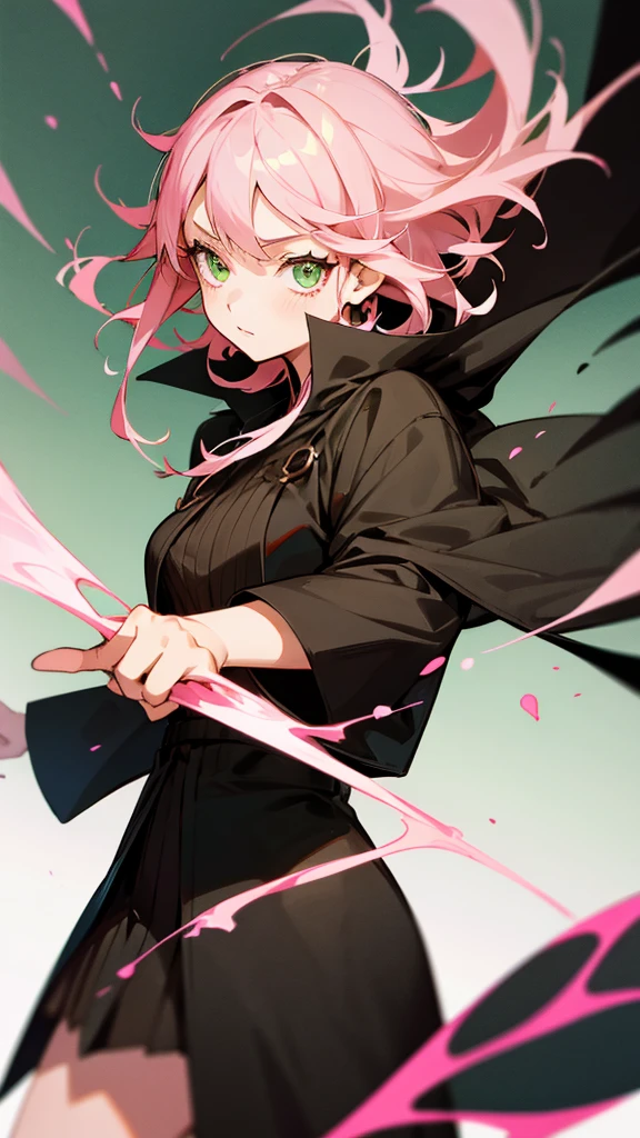 An Anime girl in black clover style with a black coat with short brown hair and pink highlights with green eyes
