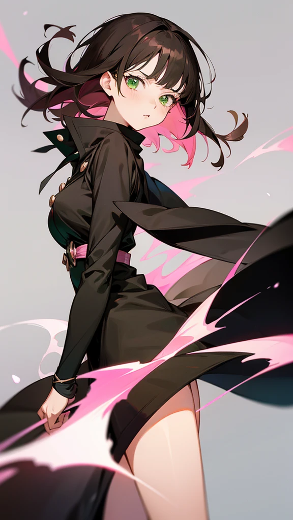 An Anime girl in black clover style with a black coat with short brown hair and pink highlights with green eyes