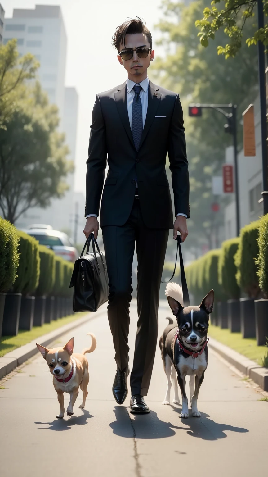 Chihuahua with a human body dressed in a business suit walking with a dog and a puppy in the park