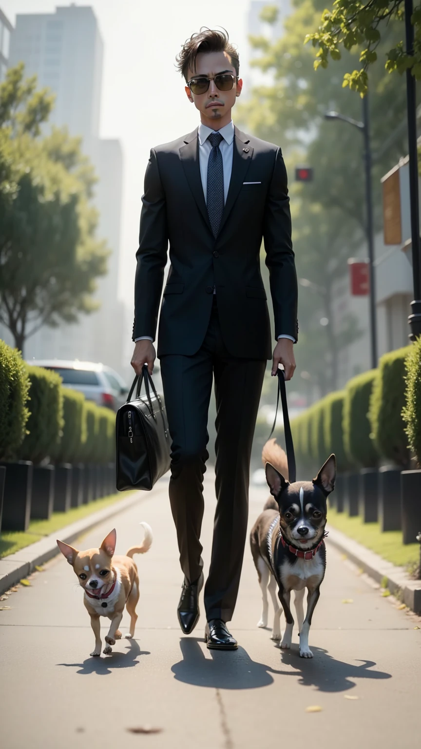 Chihuahua with a human body dressed in a business suit walking with a dog and a puppy in the park