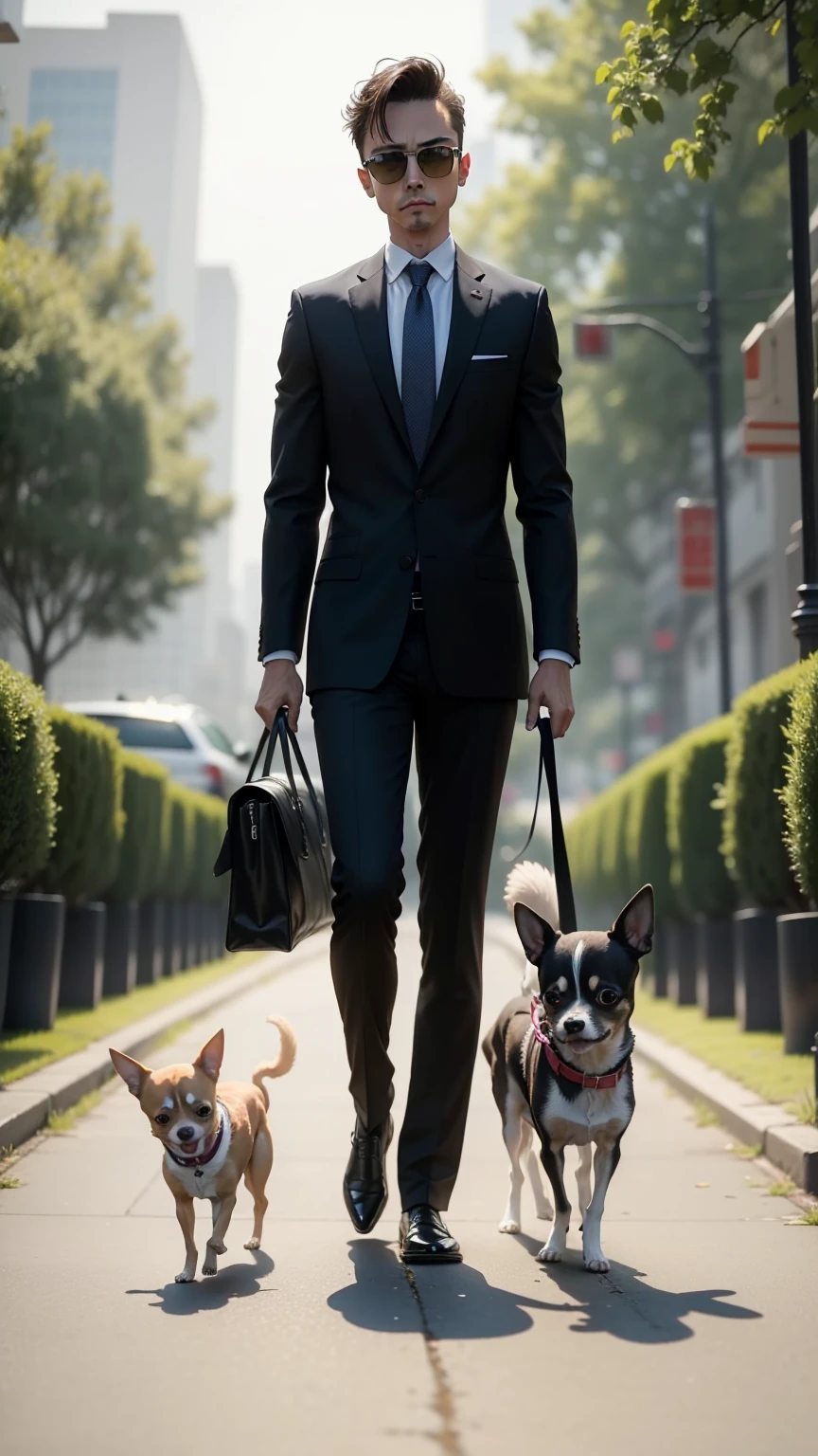 Chihuahua with a human body dressed in a business suit walking with a dog and a puppy in the park
