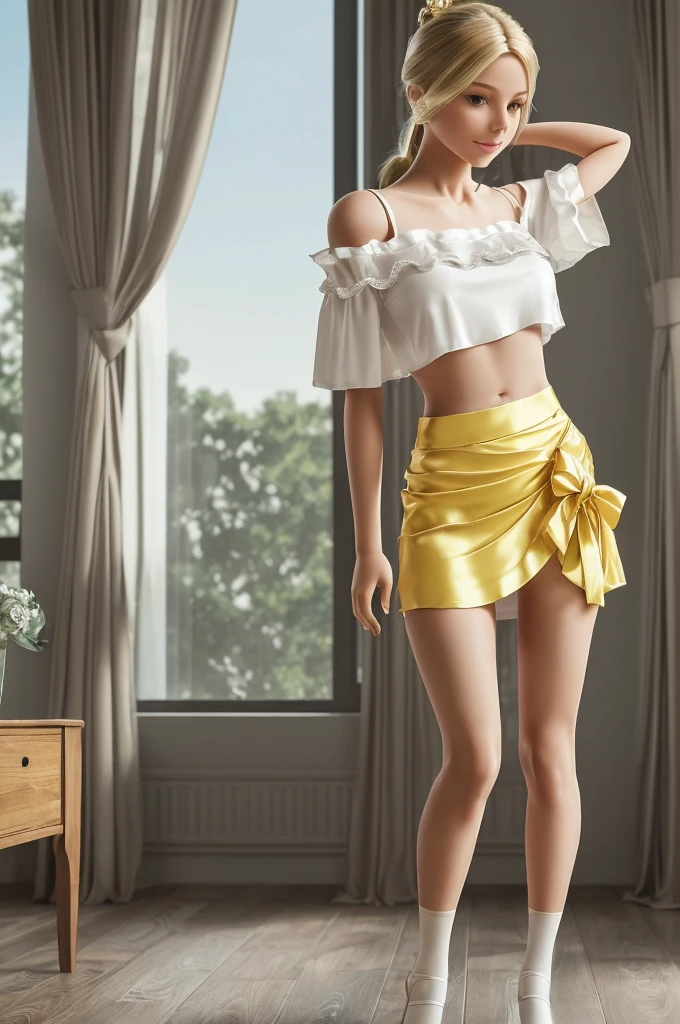 score_9, score_8_up, score_7_up, score_6_up, score_5_up, score_4_up, (8k, hd, best quality, masterpiece), (extremely detailed: 1.0), (ultra hyper-realistic photo: 1.3), (dramatic, theatrical cinematic lighting, strong contrasts dark, light and shadow)
(minimalist dance studio, no furniture, high wide glazed elongated hardwood windows, curtains, glossy waxed plank wooden floor)
(a beautiful young blonde, delicate, innocent doll-like appearance, small thin body: 1.3), (hair tied in a bun tied with satin ribbons and a bow), (standing erect and elongated body, haughty, posing with hands resting on her waist), light lecherous careless smile,
(wearing a loose cropped short ripped off-shoulder t-shirt and light semi-transparent yellow mini skirt, long thin socks with silk edges and satin ribbon details) (large breasts)