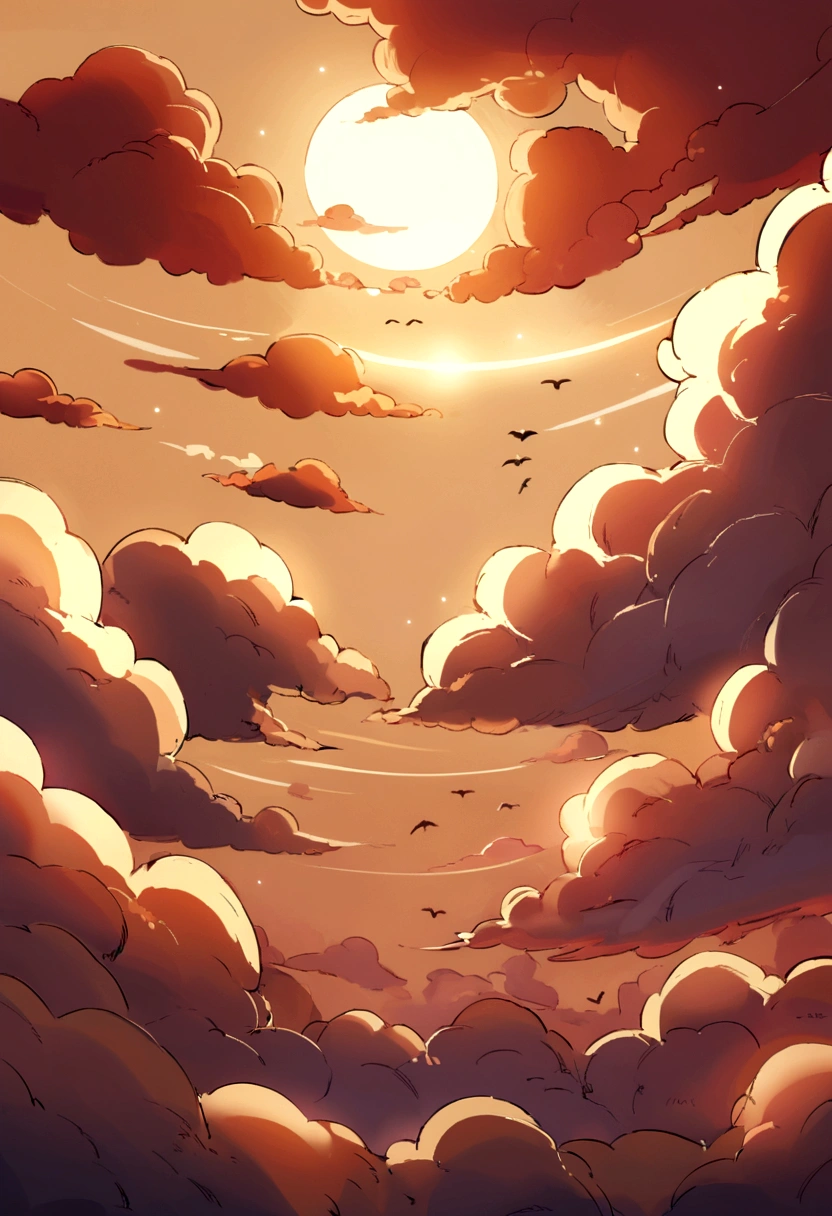 the sun appearing in the cloudy sky with several birds flying
