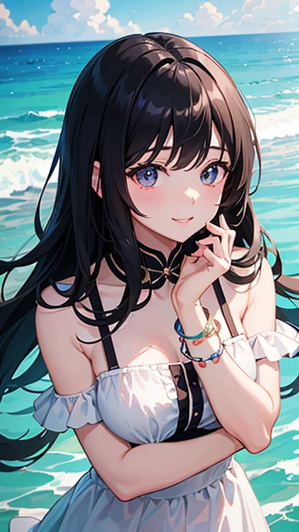 Super exquisite black-haired cute girl、A junior high school student、、8k ultra high definition, Delicate texture, Medium Length Hair、White clothing、A bracelet、Summer Park、daytime、Friendly Smile 、beach