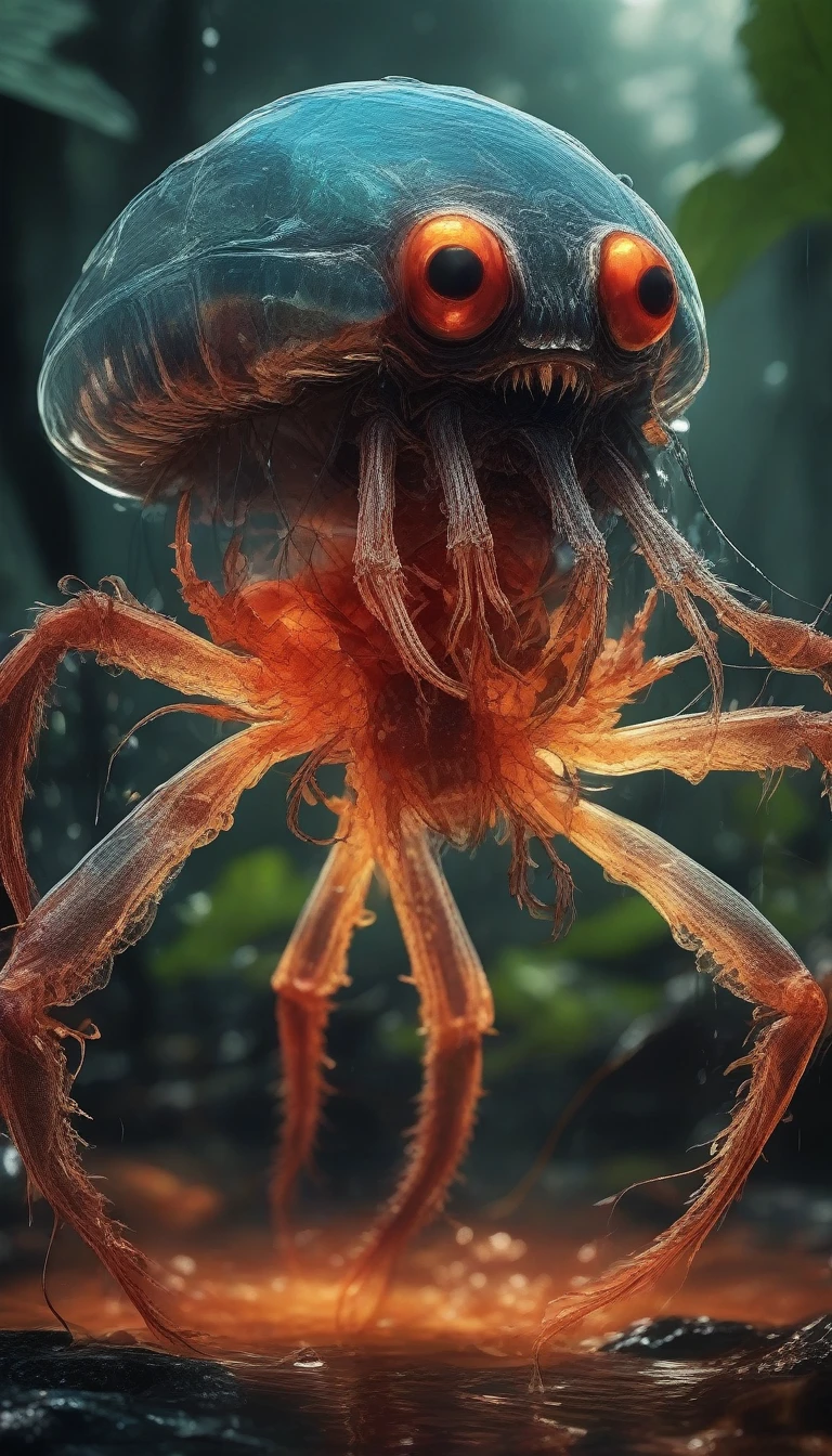 Great image quality, masterpiece, best image quality, super detail, ultra detail, UHD, HDR, DOF, depth of field, Fictional terrifying creature from the swamps of the rainforest, a cross between a scorpion and a jellyfish, with a transparent body and a tail with venomous stingers. Attacking with venomous needles, entire body