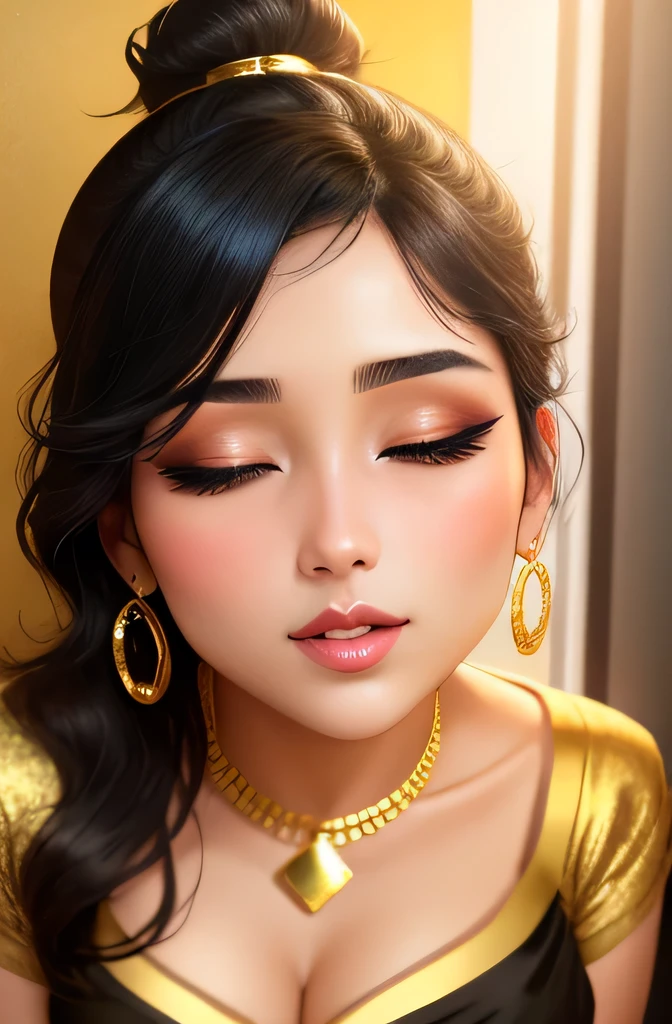 Sexy woman, black hair tied in a bun, smokey eyes, eyeliner, blushing intensely, fairest skin, plump face, soft lips, gold blouse, white saree with gold borders, pinned against a wall