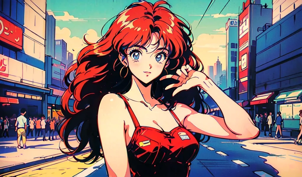 (80's, retro, city pop:1.5), (album cover), (masterpiece, best quality), (anime, illustration), (pastel colors:1.4),
best photo pose, dynamic angle,red hair,and has a cool impression,
girl, solo, smile, perfect detail eyes, delicate face,
City Scenes, night city, tokyo, high fashion, tying hair, sea, swimwear,