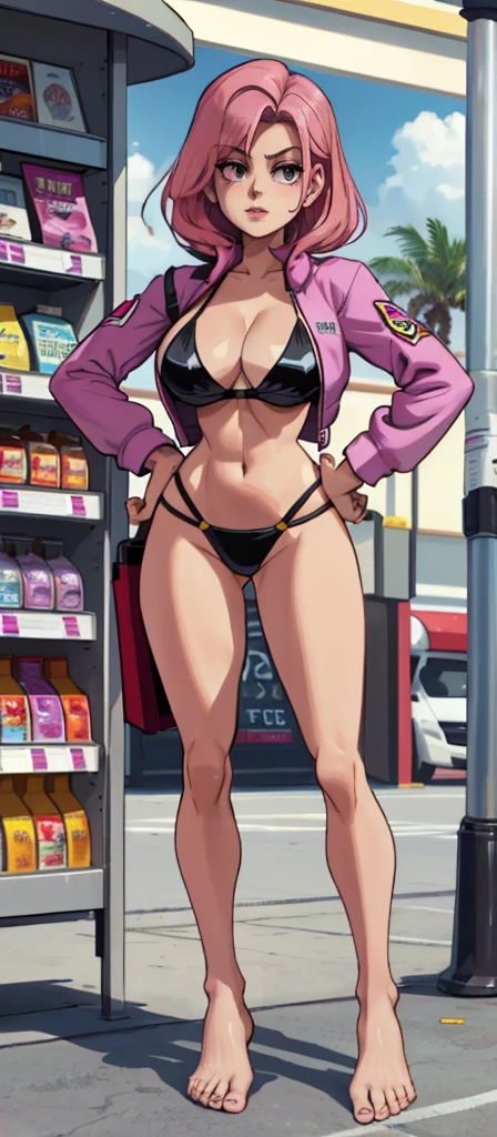 Masterpiece, best quality, Masterpiece, best quality, 1 woman , pink hair , purple eyes , sly face , black bikini , big breasts , abdomen , Long legs , Put your hands on your hips..... , Barefoot , full body , convenience store ,