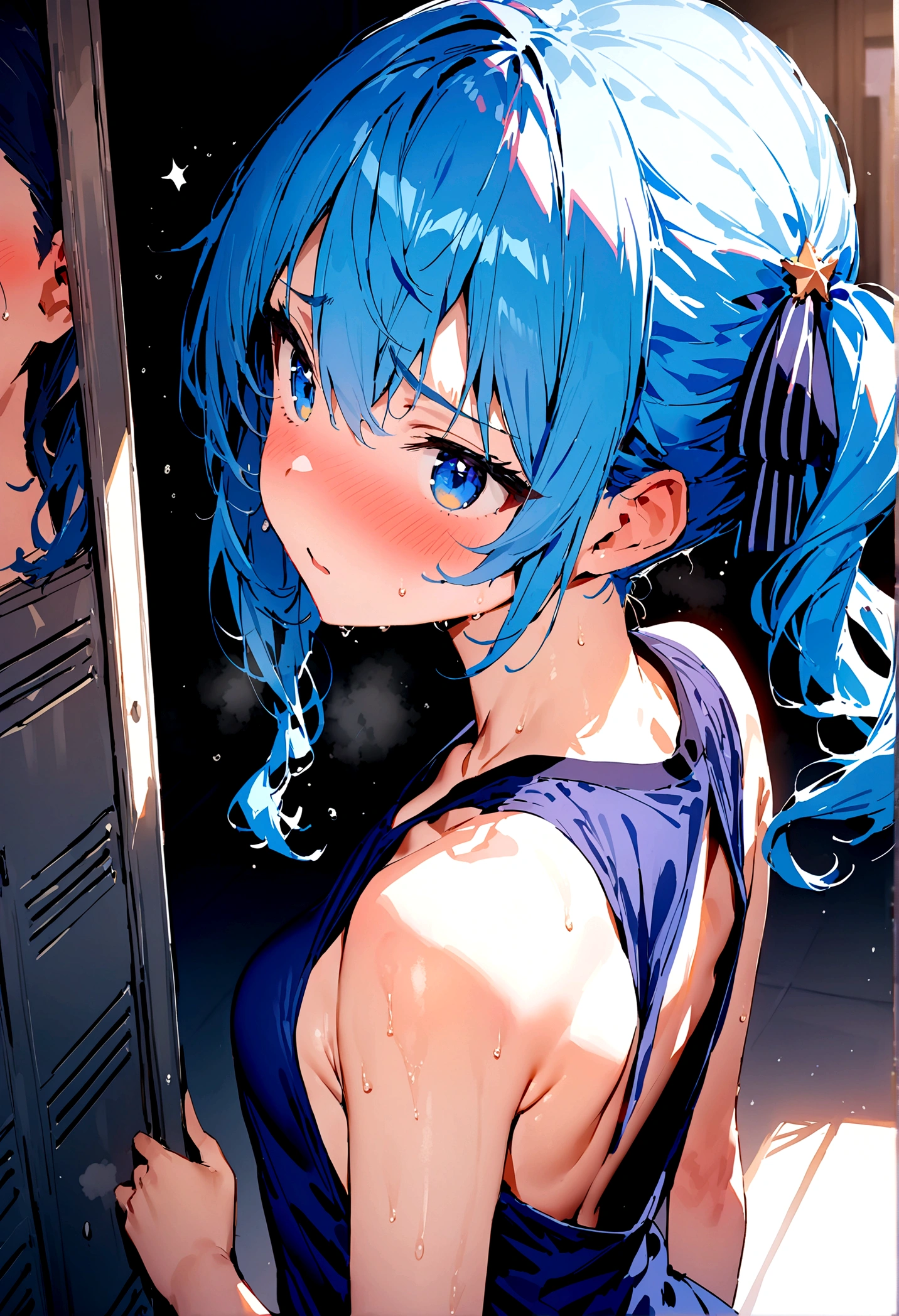 NSFW,masterpiece,Highest quality,High resolution,Super detailed,Star Town Suisei\(Hololive\),Blue Hair,One Side Ponytail,Blue Eyes,Small breasts,Track and field club,uniform,School,locker room,Embarrassed,blush,(In heat),Seduce,Expecting face,From the back