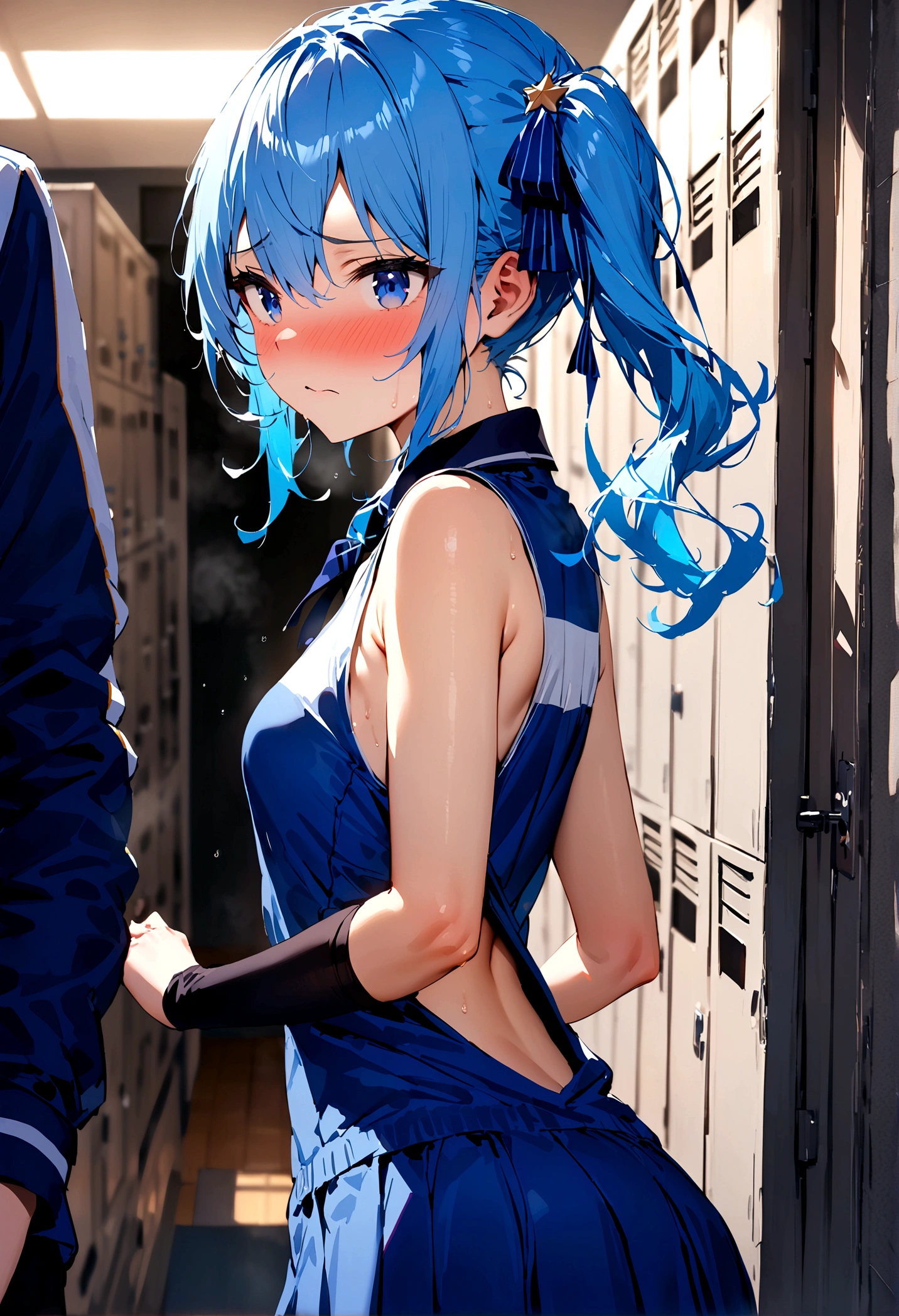 NSFW,masterpiece,Highest quality,High resolution,Super detailed,Star Town Suisei\(Hololive\),Blue Hair,One Side Ponytail,Blue Eyes,Small breasts,Track and field club,uniform,School,locker room,Embarrassed,blush,(In heat),Seduce,Expecting face,From the back