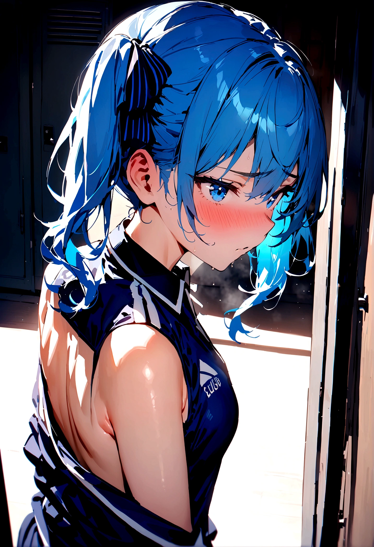 NSFW,masterpiece,Highest quality,High resolution,Super detailed,Star Town Suisei\(Hololive\),Blue Hair,One Side Ponytail,Blue Eyes,Small breasts,Track and field club,uniform,School,locker room,Embarrassed,blush,(In heat),Seduce,Expecting face,From the back