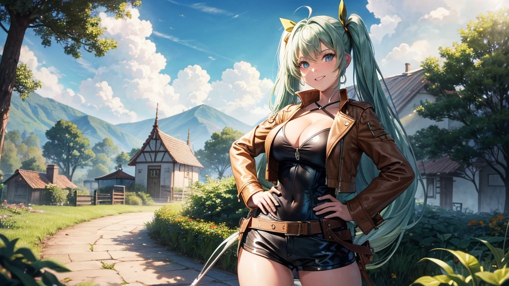 1girl, solo, village, houses, trees, sun, clouds, fantasy, medieval, ((pale green hair)), twintail, huge breasts, ((brown leather jacket)), brown leather shorts, ((leather clothes)), cleavage 1:3, blue eyes, skirt, grin, looking at the viewer, standing, hair clip, golden necklate, hand on hip, golden bow with arrows
