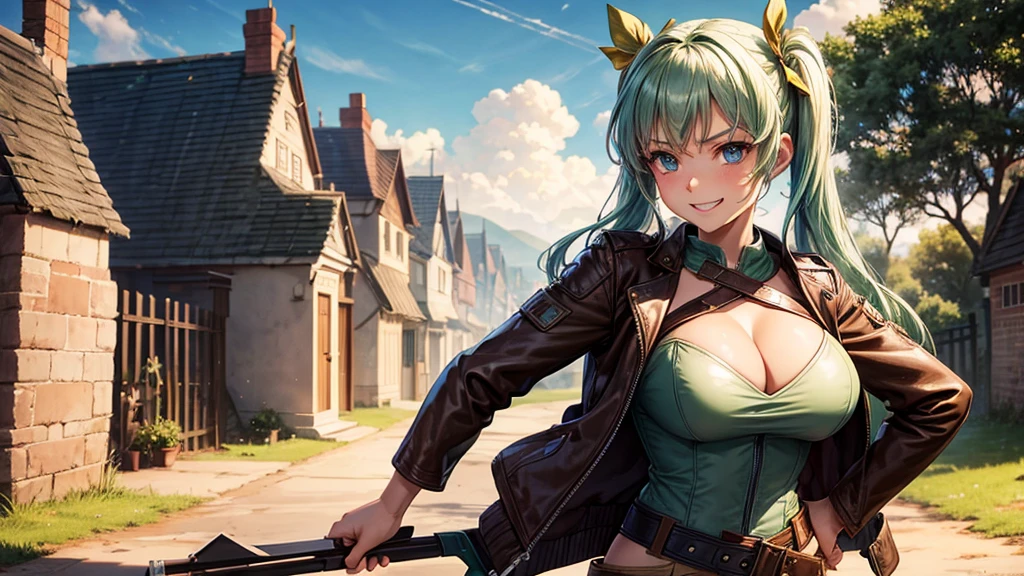 1girl, solo, village, houses, trees, sun, clouds, fantasy, medieval, ((pale green hair)), twintail, huge breasts, ((brown leather jacket)), brown leather shorts, ((leather clothes)), cleavage 1:3, blue eyes, skirt, grin, looking at the viewer, standing, hair clip, golden necklate, hand on hip, golden bow with arrows, archer