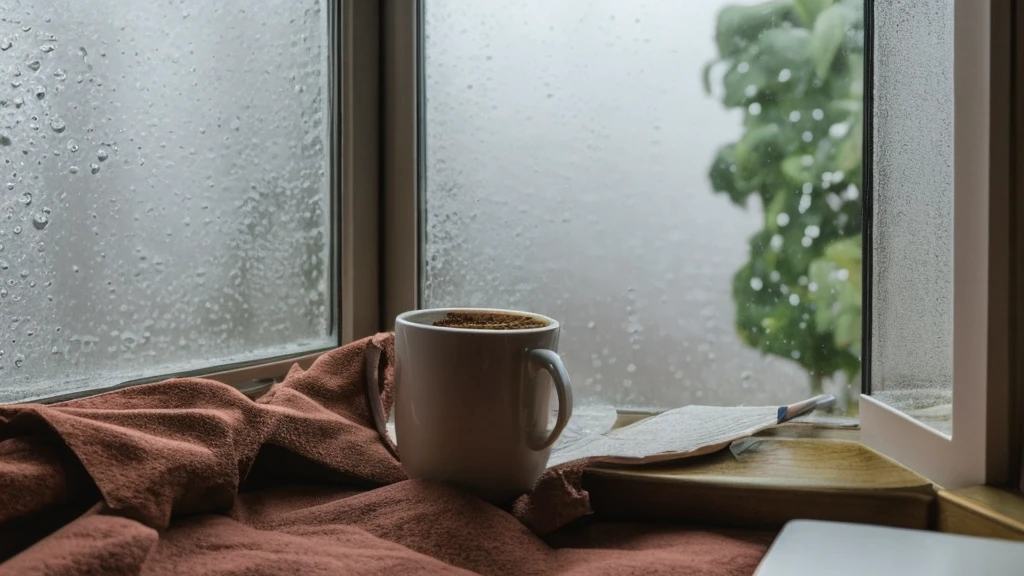 Lofi Song, sitting on the bed. looking at the window, having a coffee. listening to music on headphones, while looking out the window and seeing the rain falling 