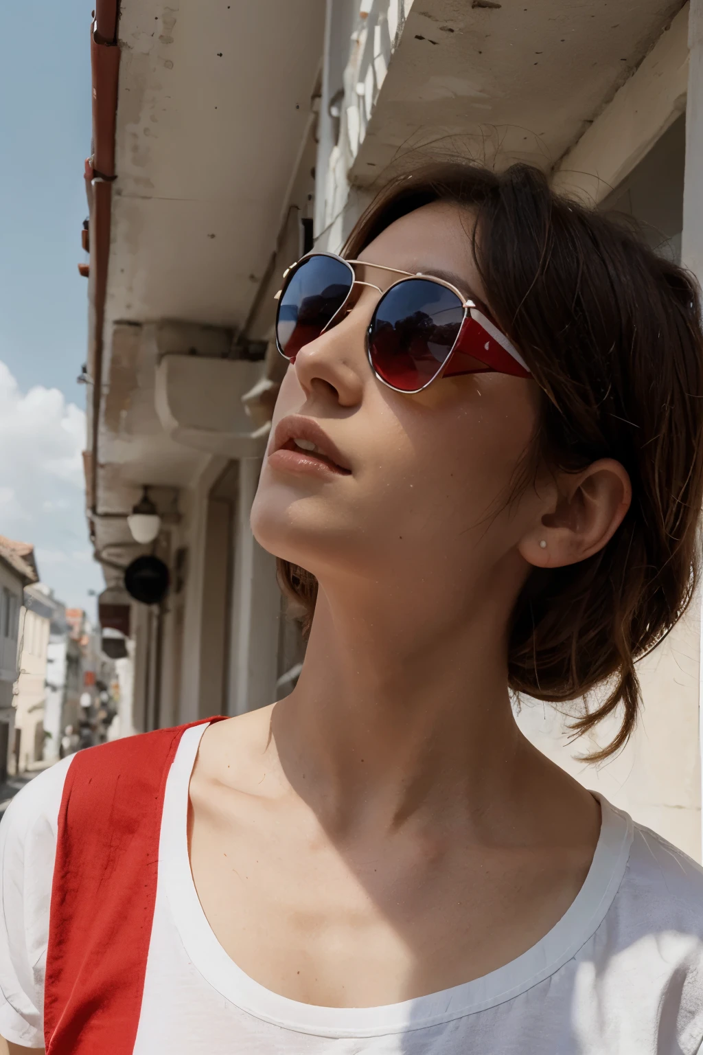 Flag red above and white below, with sunglasses