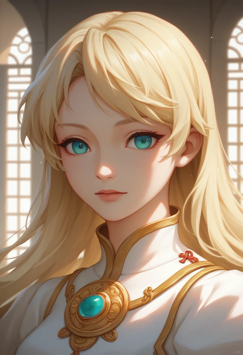 ((Highest quality)), ((masterpiece)), (detailed), ((Perfect Face)),euphilia,A beautiful anime girl with long blonde hair and dark turquoise eyes, wearing a white dress. The artwork should be in the trending style of CGStation, inspired by Guweiz, with smooth anime CG art and detailed digital anime art. The girl is depicted as an anime goddess in a fantasy art style, set in a palace, wearing traditional Chinese Hanfu. She embodies a beautiful young wind spirit, creating a stunning anime portrait in dreamlike art 