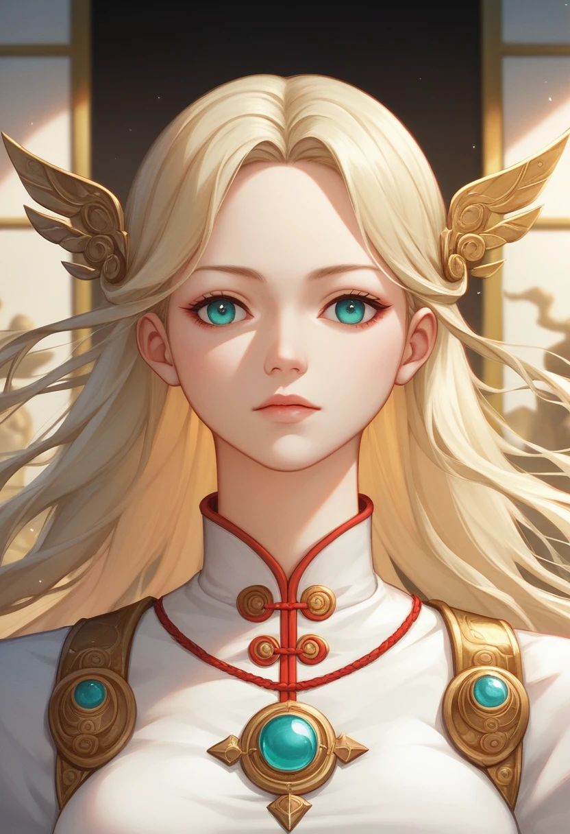 ((Highest quality)), ((masterpiece)), (detailed), ((Perfect Face)),euphilia,A beautiful anime girl with long blonde hair and dark turquoise eyes, wearing a white dress. The artwork should be in the trending style of CGStation, inspired by Guweiz, with smooth anime CG art and detailed digital anime art. The girl is depicted as an anime goddess in a fantasy art style, set in a palace, wearing traditional Chinese Hanfu. She embodies a beautiful young wind spirit, creating a stunning anime portrait in dreamlike art 