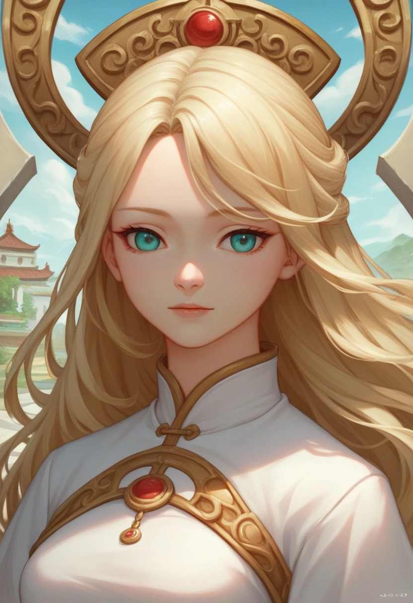((Highest quality)), ((masterpiece)), (detailed), ((Perfect Face)),euphilia,A beautiful anime girl with long blonde hair and dark turquoise eyes, wearing a white dress. The artwork should be in the trending style of CGStation, inspired by Guweiz, with smooth anime CG art and detailed digital anime art. The girl is depicted as an anime goddess in a fantasy art style, set in a palace, wearing traditional Chinese Hanfu. She embodies a beautiful young wind spirit, creating a stunning anime portrait in dreamlike art