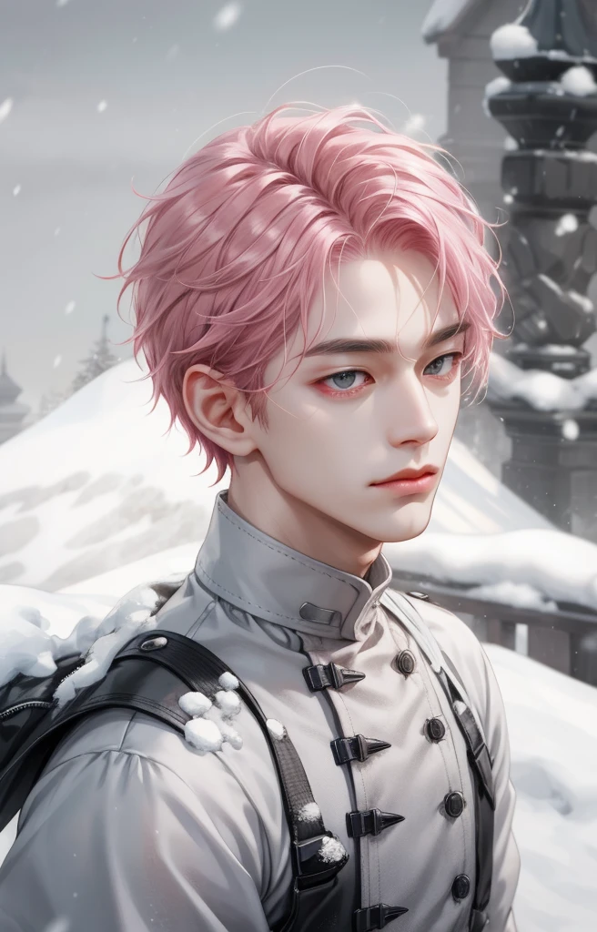 1man, short hair, pink hair, grey eyes, sharp eyes, skin white as snow, small face, defined face, masculine, 