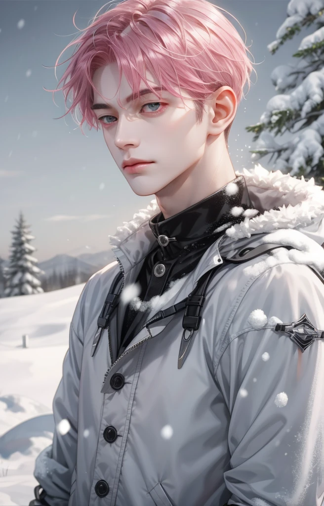 1man, short hair, pink hair, grey eyes, sharp eyes, skin white as snow, small face, defined face, masculine,