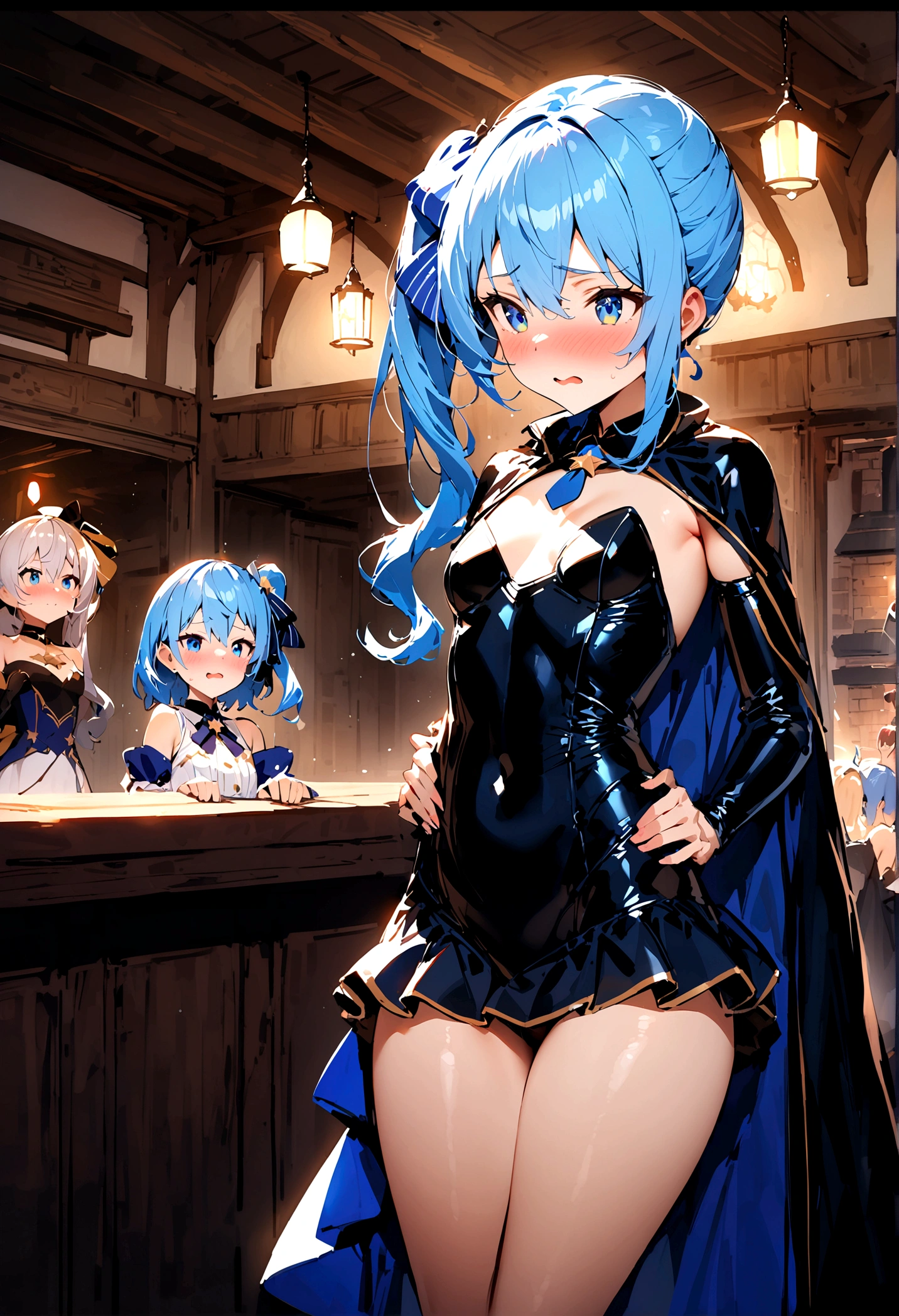 NSFW,masterpiece,Highest quality,High resolution,Super detailed,Star Town Suisei\(Hololive\),Blue Hair,One Side Ponytail,Blue Eyes,Small breasts,leotard,Removable sleeves,Micro Mini Skirt,Cape,inn,Reception counter,Embarrassed,blush,Expecting face,(Tough guy),A man puts his hands on her waist and hugs her