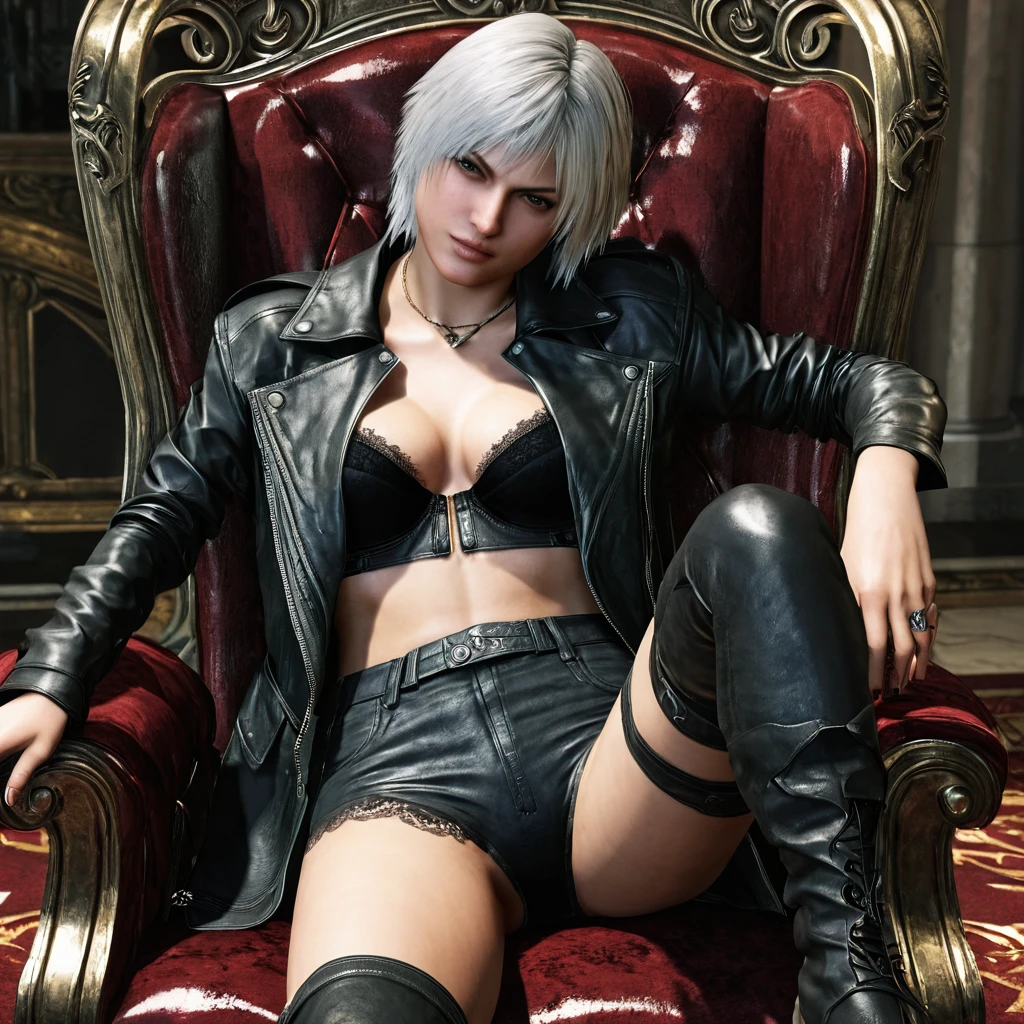 rating_explicit, lady (from devil may cry 5:1.1), black panties, sit in a chair, detailed face, beauty face
