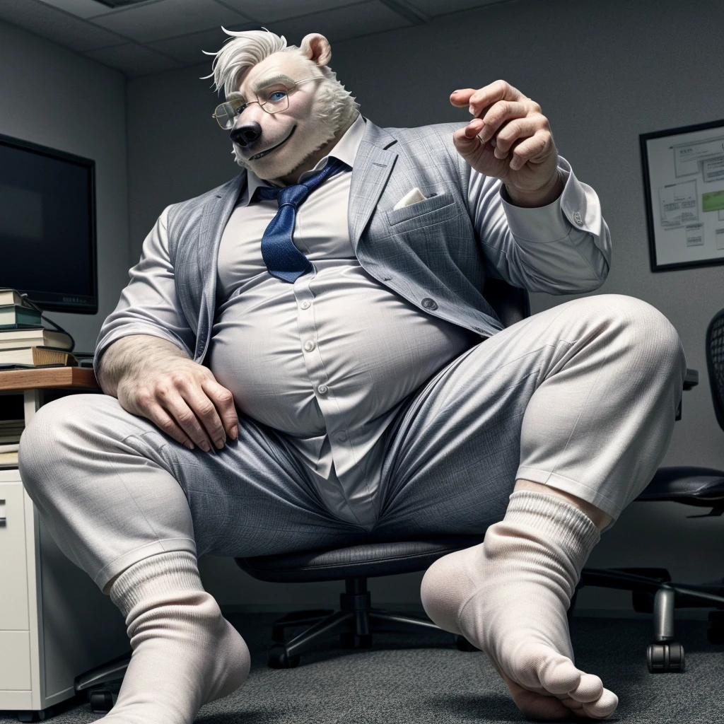 chubby polar bear dad male office suit  white shirt slighly  well built , blue eyes glasses, head crest white hair, levitating relaxing  spread legs, five finger feet with white ankle sock, disney profile, full body smug , kemono , detailed eyes , high quality 