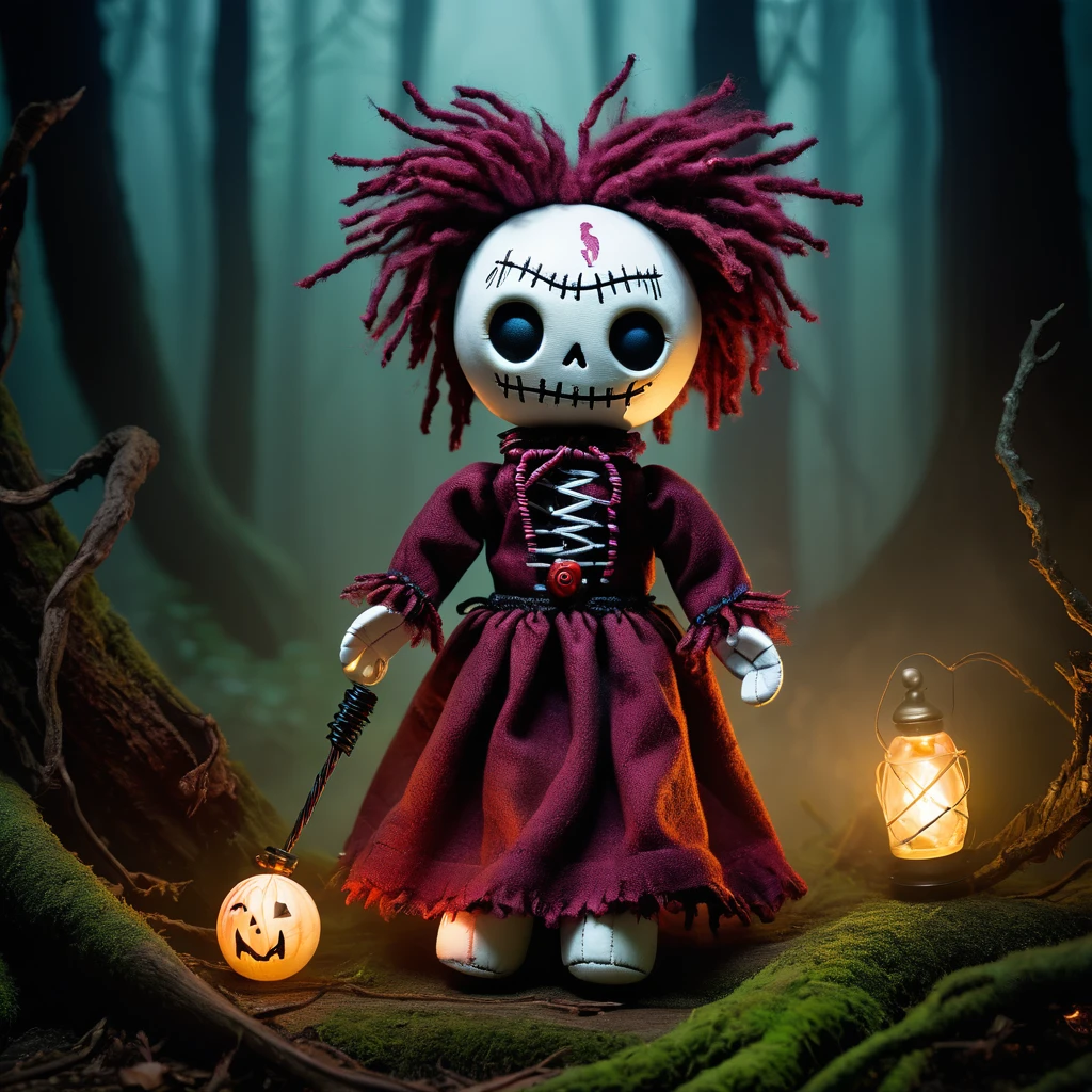 (knitted toy voodoo doll:1.5), (Voodoo Mist Creature:1.3), (Clothing: tattered robes with swirling mist patterns:1.0), (Accessories: enchanted cursed fog horn, glowing sinister mist orb:1.1), (background: eerie mist-filled forest with flickering lights, eerie whispers, and ghostly figures:1.2), best quality, masterpiece, detailed soft oil painting, detailed background, dramatic cinematic lighting, soft edge lighting, professional, dramatic lighting, hard edge lighting, ultra quality, 4k, masterpiece, best quality, 8k, ultra high definition, high resolution, extremely detailed