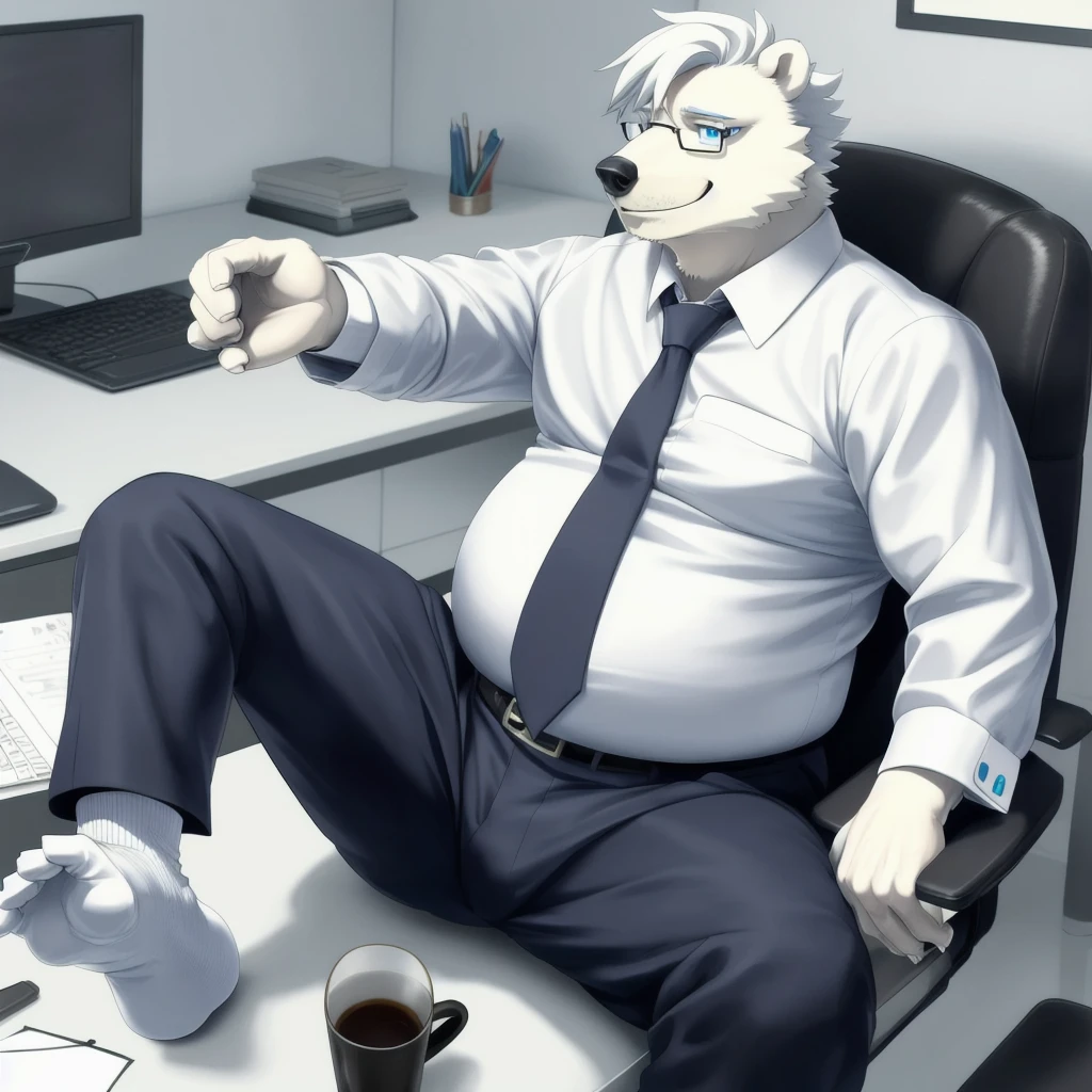 chubby polar bear dad male office suit  white shirt slighly  well built , blue eyes glasses, head crest white hair, levitating relaxing  spread legs, five finger feet with white ankle sock,  profile, full body evil smug , kemono , detailed eyes , high quality 