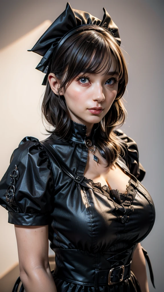 ((Beautiful Face:1.4)), (Purelos Face_v1: 1.0), Half Body,((White simple background)), girl with big breasts wearing maid uniform (Gothic style) 、Golden body proportions、disheveled blonde hair  ,(非常にDetailedCGユニティ8K),Red-faced and shy,Detailed, Accurate, Dramatic realism art, CG, 3d, 8k 4k,((Natural big breasts:1.2)),(((Upper Body)))