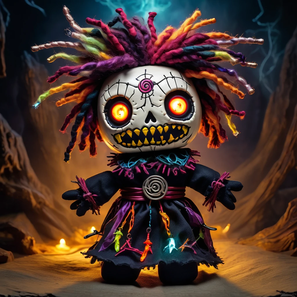 (knitted toy voodoo doll:1.5), (Voodoo Herald of Chaos:1.3), (Clothing: tattered chaotic robes with fractal patterns:1.0), (Accessories: enchanted cursed chaos amulet, glowing sinister swirling portal:1.1), (background: eerie fractured landscape with flickering lights, eerie screams, and ghostly figures:1.2), best quality, masterpiece, detailed soft oil painting, detailed background, dramatic cinematic lighting, soft edge lighting, professional, dramatic lighting, hard edge lighting, ultra quality, 4k, masterpiece, best quality, 8k, ultra high definition, high resolution, extremely detailed