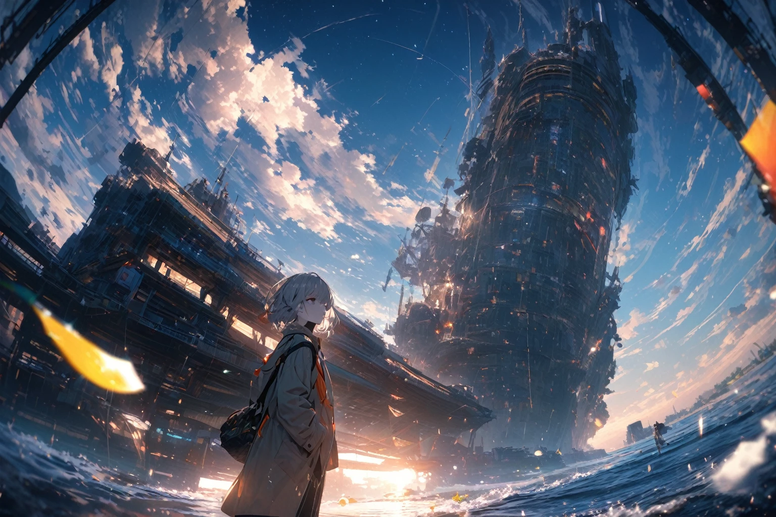 Starry Sky, After the Rain, horizon , In the sky,Lens flare, colorful,coat,Put your hands in your pockets,(student, 18-year-old, JK, Her short silver hair sways, Pale skin, Lack of eye sparkle) Look up at the sky, Beautiful sky, There is an ocean,White Streets,The scenery is beautiful, 広いLook up at the sky, I see the wind blowing and shining, In the skyは正午の月と正午の星がある,From below, break ,quality(8K,非常に精細なCGユニットのwallpaper, masterpiece,High resolution,top-quality,top-quality real texture skin,Surreal,Increase the resolution,RAW Photos,最高quality,Very detailed,wallpaper,Cinema Lighting,Ray Tracing,Golden Ratio),Have a long-term perspective