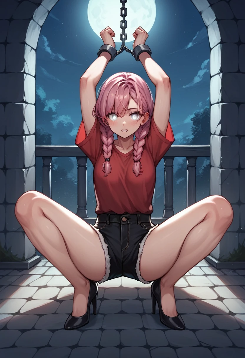 score_9, score_8_up, score_7_up, score_6_up, score_5_up, score_4_up, source_anime, 1girl, worth, An innocent face , pink hair, braids, white eyes, w-w-chain, shackles, spread arms, loose hair, red shirt, shorts , black high heels , sexy pose, night , dungeon, best quality, best res, 4K UHD,
 