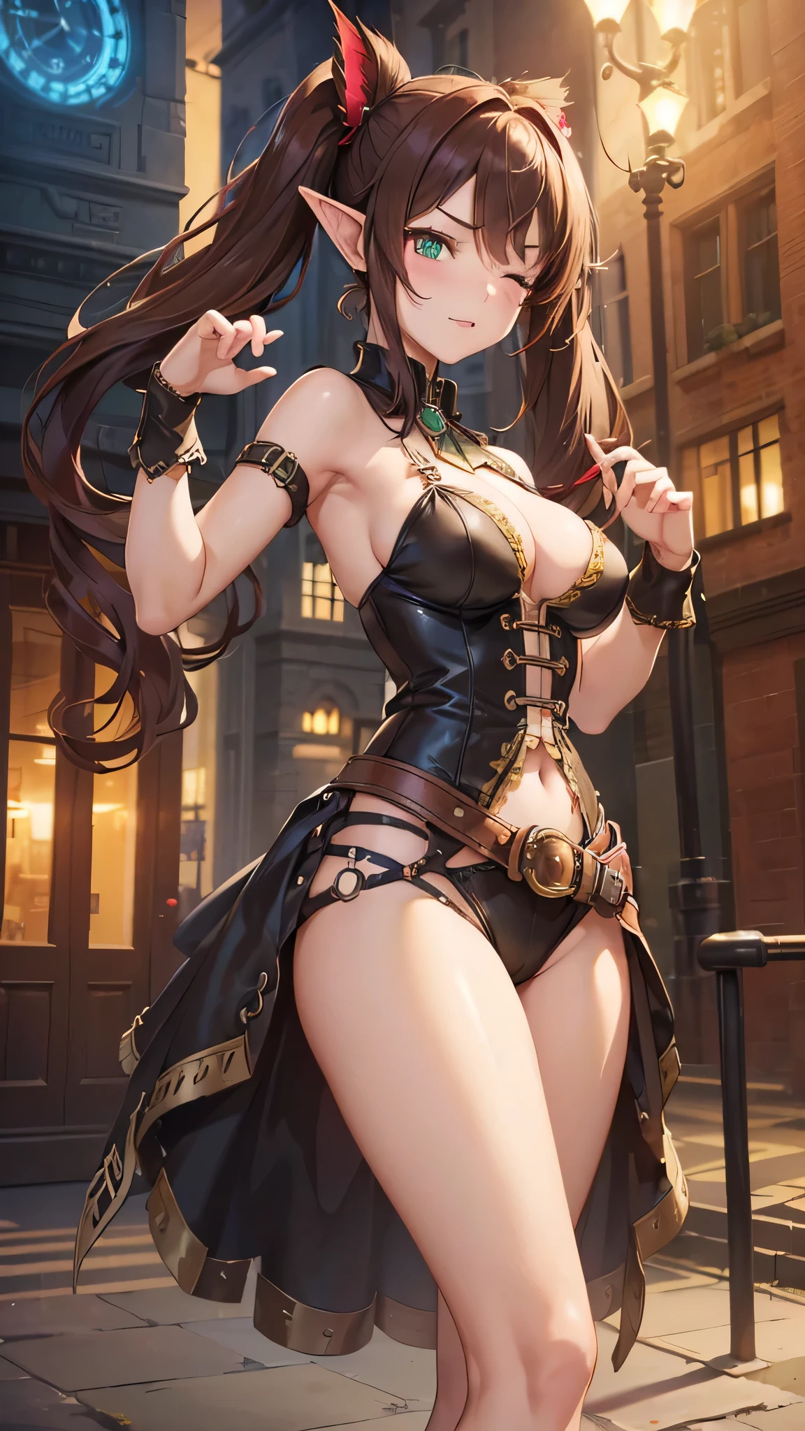 "((short steampunk corse)),((Mexicana peliroja, white skin)),((Twintail)),(1solo),(1 girl view),full_body, 1 girl view,female, young, , (long hair), ((red-light brown hair)), snowflakesdetailed cute anime face, ((pointy_ears, seductive pose, flirty with one eye closed)), (((medium_breasts, firm breasts))), (green-brown ligth eyes), random angle)":(all realistic intricate details)