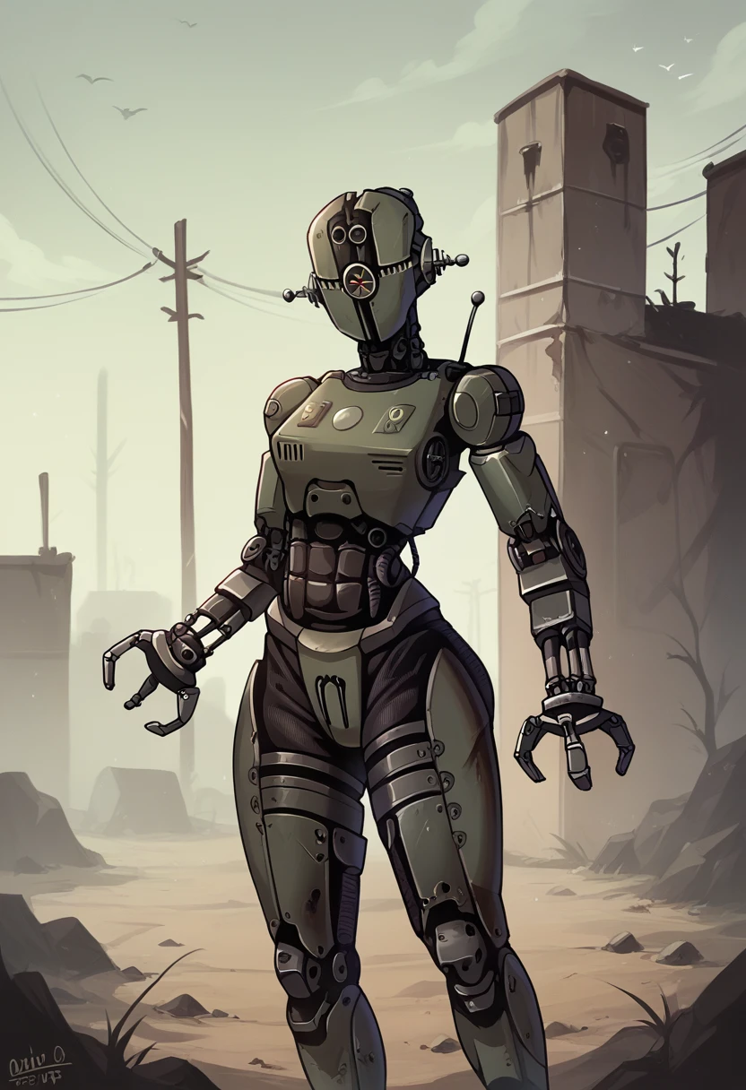 score_9, score_8_up, score_7_up, score_6_up, score_5_up, source_furry, assaultron, fallout, solo, looking at viewer, robot, humanoid robot, robot joints, one-eyed, joints, no humans, black skin, mechanical arms, crotch plate, science fiction, post-apocalypse, outside, black armor, robotic hand, 3 fingers