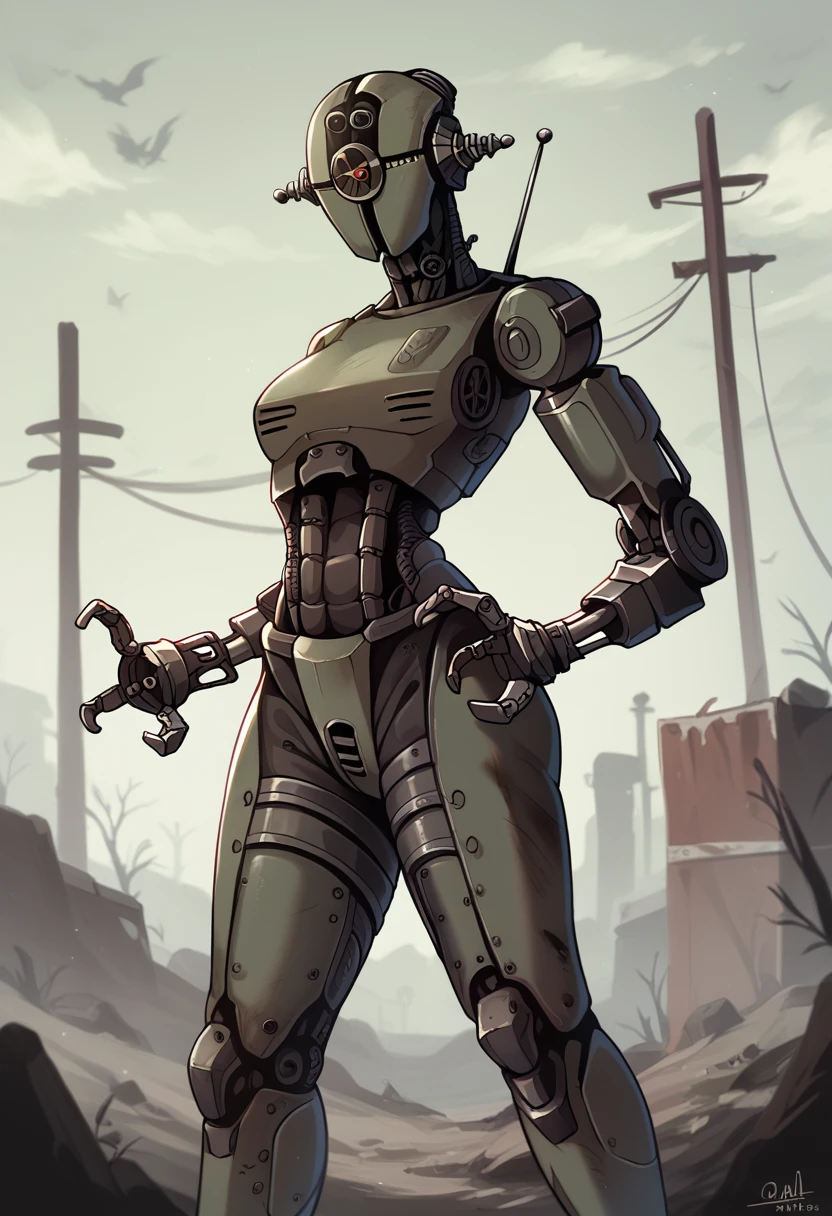 score_9, score_8_up, score_7_up, score_6_up, score_5_up, source_furry, assaultron, fallout, solo, looking at viewer, robot, humanoid robot, robot joints, one-eyed, joints, no humans, black skin, mechanical arms, crotch plate, science fiction, post-apocalypse, outside, black armor, robotic hand, 3 fingers