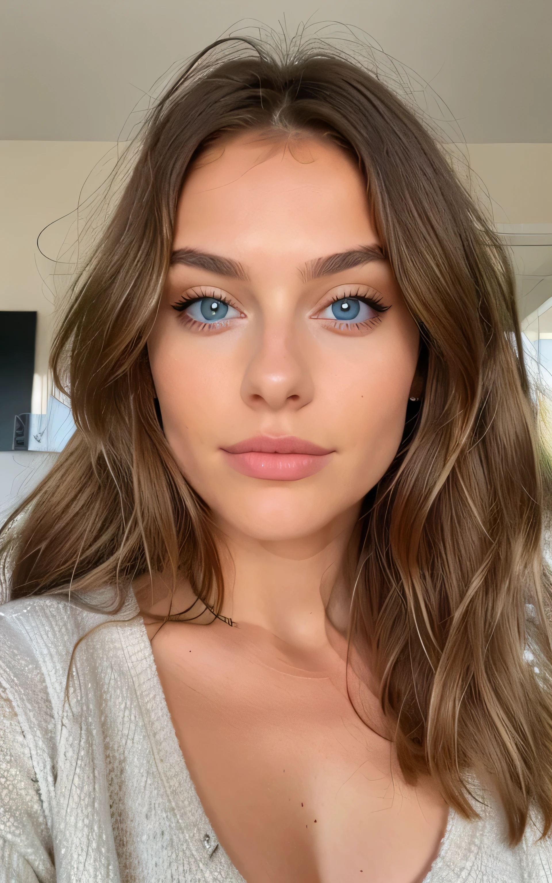 Belle brune aux reflets blonds portant un pull beige, very detailed, 22 ans, visage innocent, natural wavy hair, blue eye, high resolution, Boss of'Oeuvre d'art, best quality, intricate details, very detailed, sharpness, detailed skin, texture de peau realistic, texture, detailed eyes, professionnel, 4K, charming smile, shot in Canon, 85mm, shallow depth of field, Couleurs Kodak Vision, Corps parfaitement ajusté, extremely detailed, photograph her_\(ultra\), Fotorrealistic, realistic, après le traitement, Maximum details, roughness, real life, ultra realistic, photorealism, la photographie, 8K, ah, la photographie, portrait de face, smiling, instagramart