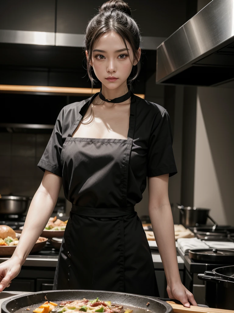 a very beautiful attractive slender woman, chef cook, black bun hair, dark brown eyes, black chef uniform, low neckline, cooking Ratatouille, background a professional kitchen of a restaurant