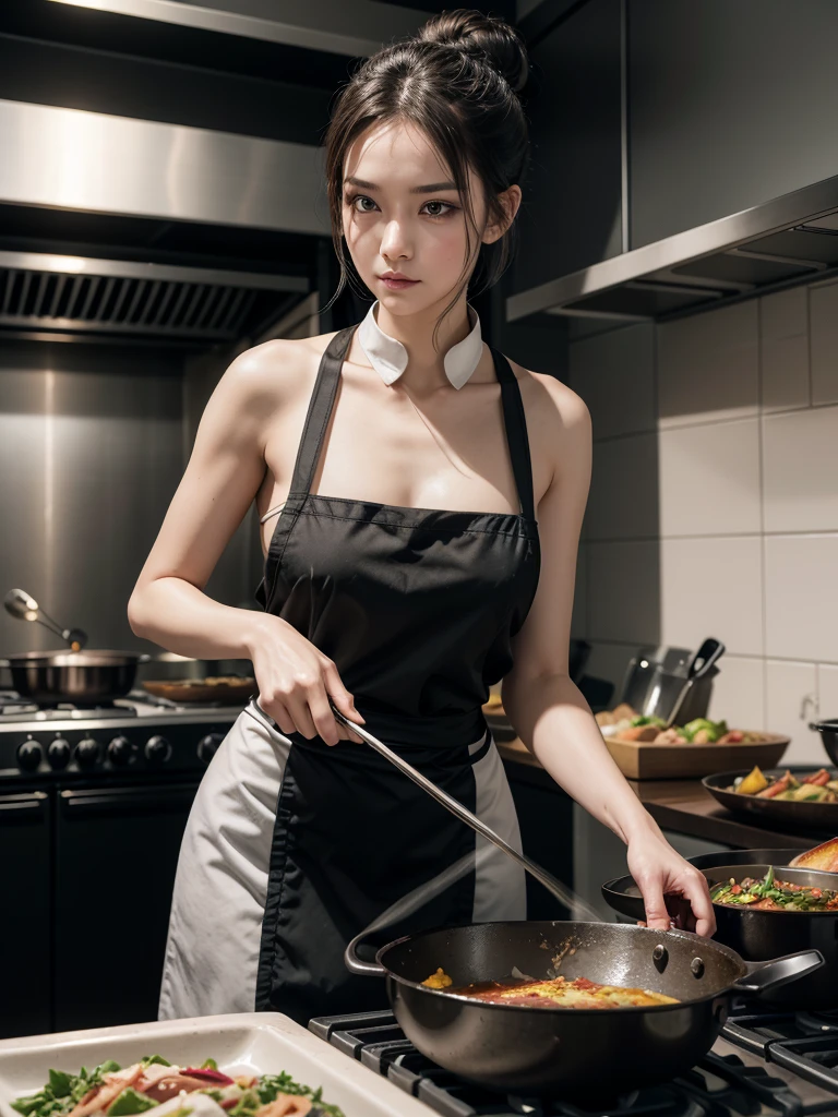 a very beautiful attractive slender woman, chef cook, black bun hair, dark brown eyes, black chef uniform, low neckline, cooking Ratatouille, background a professional kitchen of a restaurant