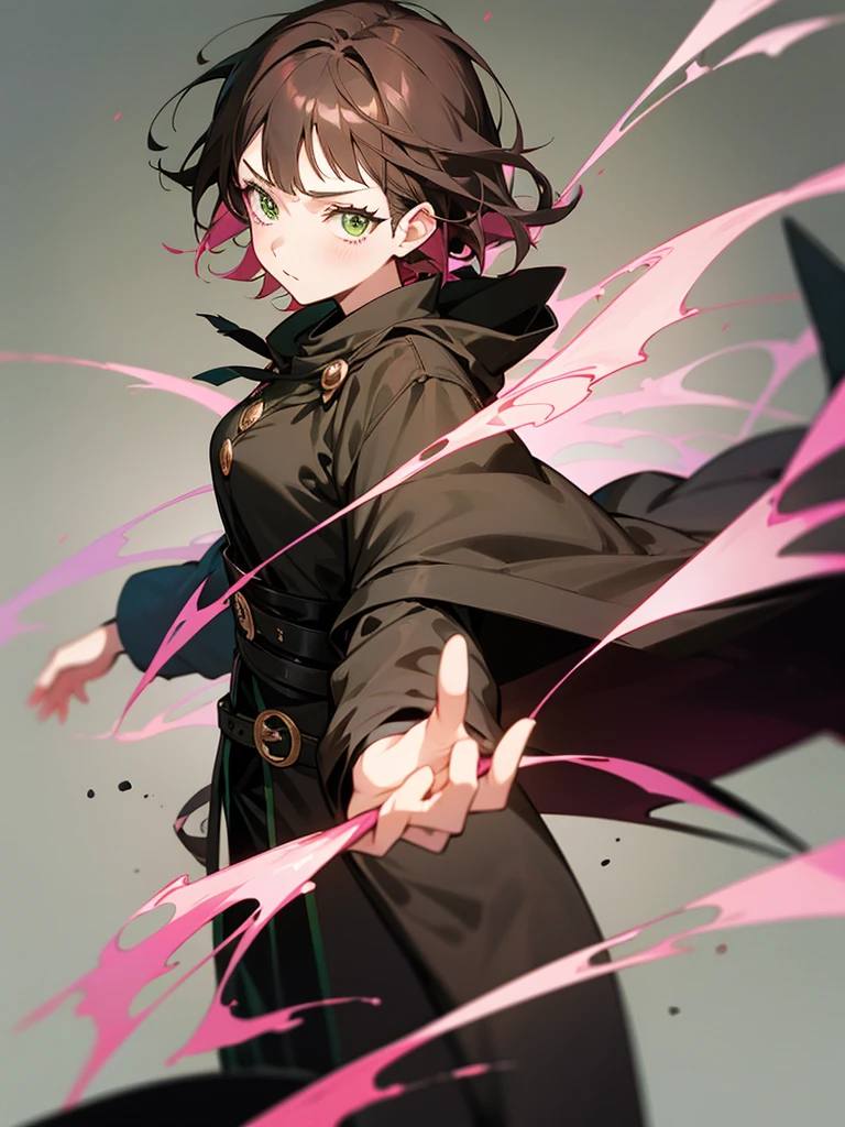 An Anime girl in black clover style with a black coat with short brown hair and pink highlights with green eyes