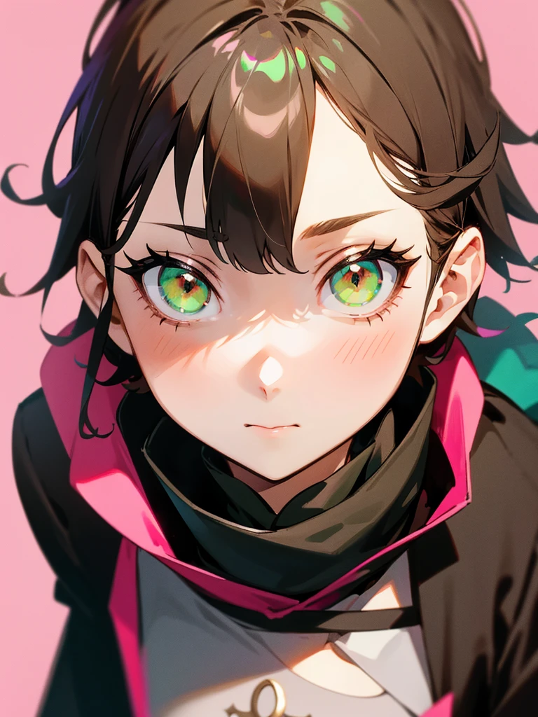 An Anime girl in black clover style with a black coat with short brown hair and pink highlights with green eyes