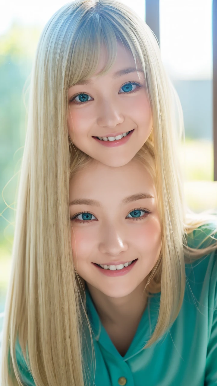 Alone pale blonde teenage girl with bangs soft silky hair blue-green eyes taking photo with sun on her face in her home, and smiling with her rosy cheeks and eyeliner