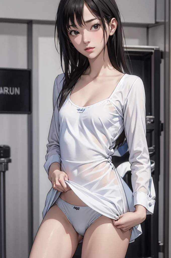 ((masterpiece, best quality)),((high resolution:1.3)), 1 Girl, solo, Cowboy Shot, Blurred Background, silky hair, (((Small breasts:1.3))), Thighs, (mini dress), ((show underwear)), ((dress lift))